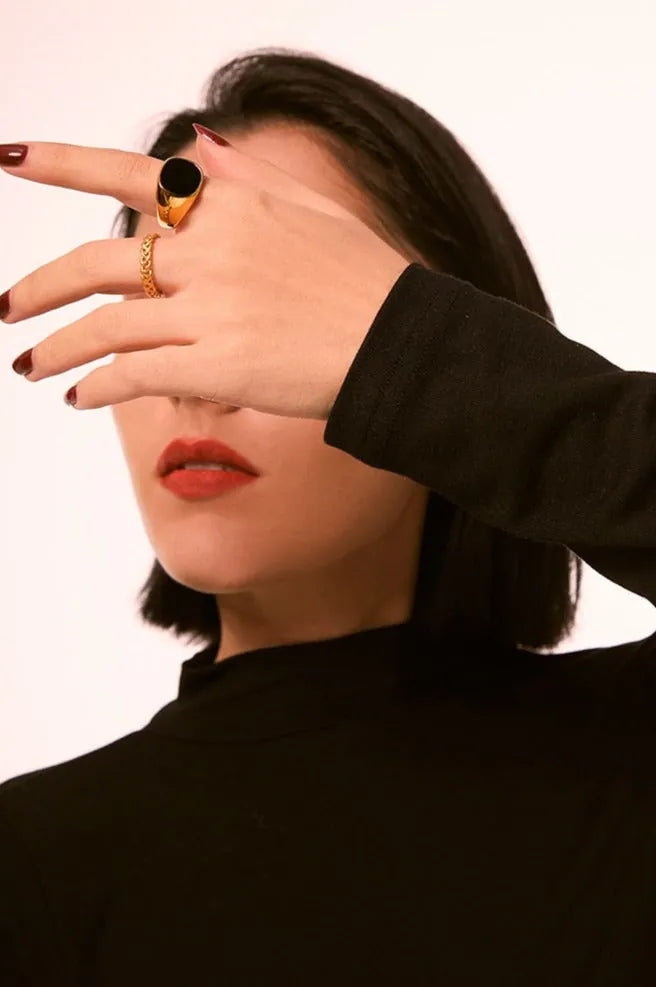 Gold plated black enamel signet ring