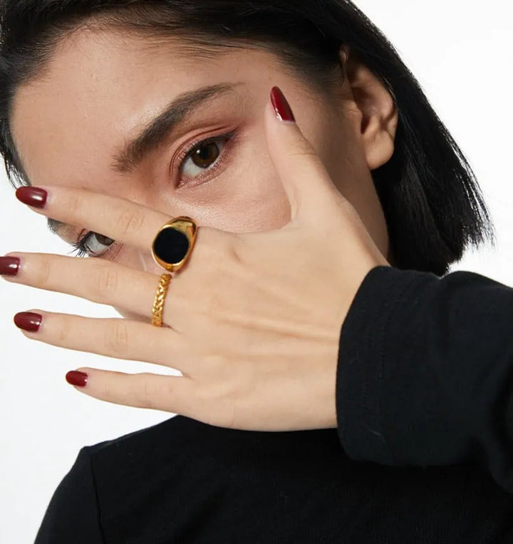 Gold plated black enamel signet ring