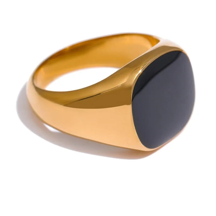Gold Plated Black Enamel Signet Ring - Dazzle Jewellery