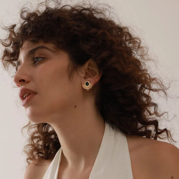 Gold plated black stone ear clip earrings