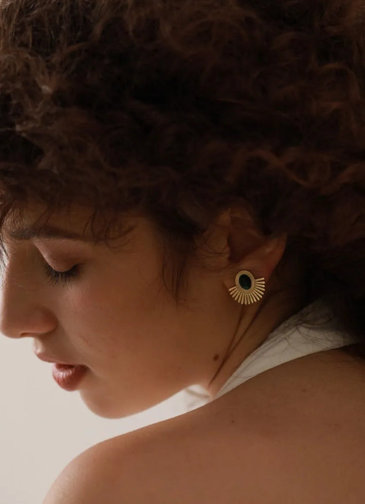 Gold plated black stone ear clip earrings