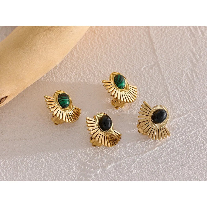 Gold plated black stone ear clip earrings
