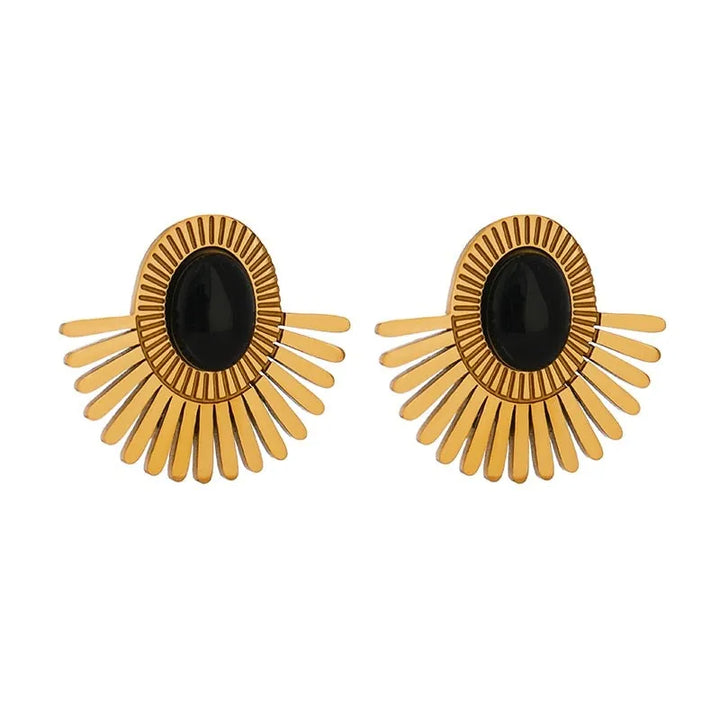 Gold Plated Black Stone Ear Clip Earrings - Dazzle Jewellery