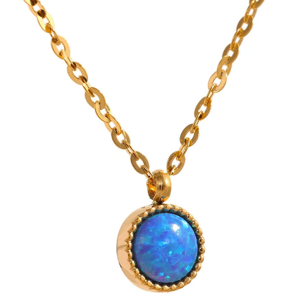 Gold Plated Blue Opal Natural Stone Pendant Necklace - Dazzle Jewellery