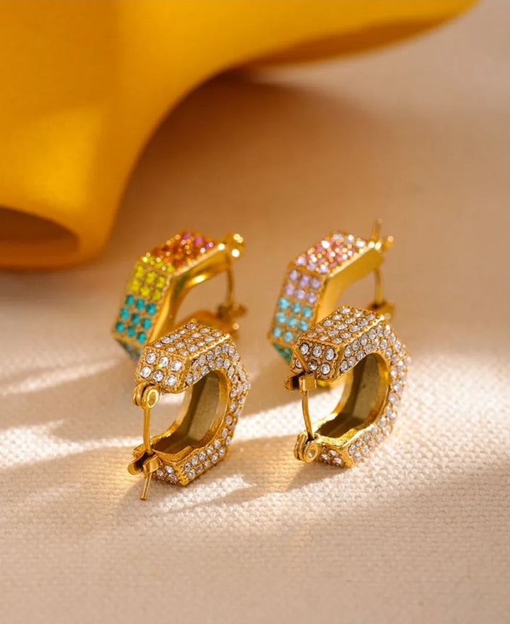 Gold plated colorful cubic zirconia hollow hoop earrings