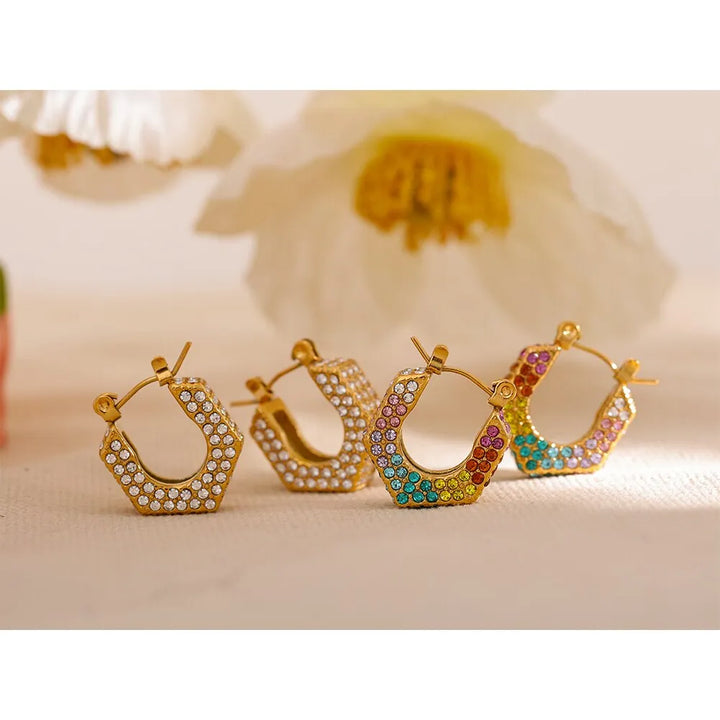 Gold plated colorful cubic zirconia hollow hoop earrings