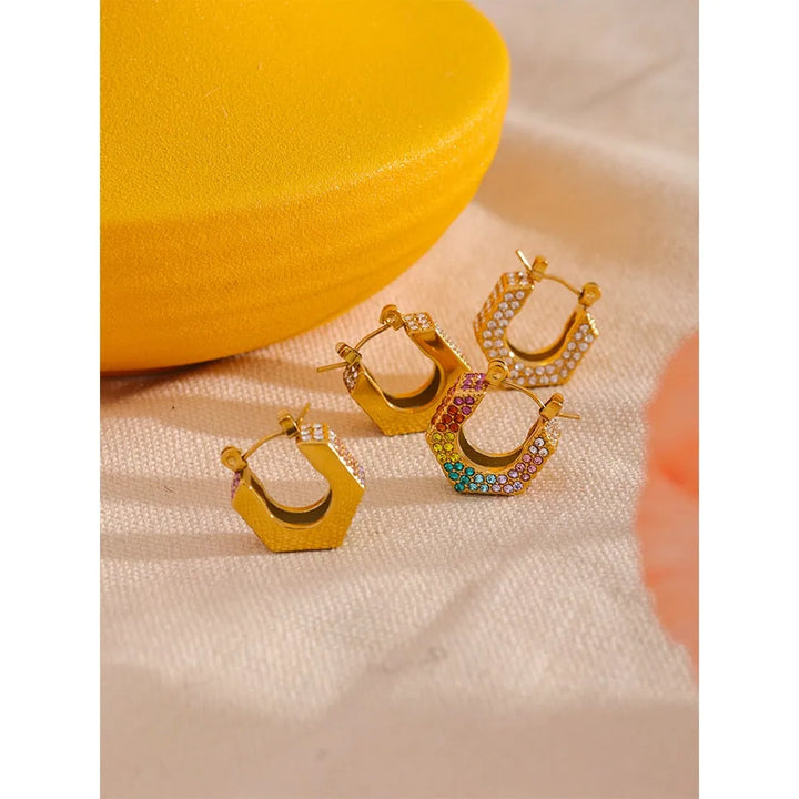 Gold plated colorful cubic zirconia hollow hoop earrings