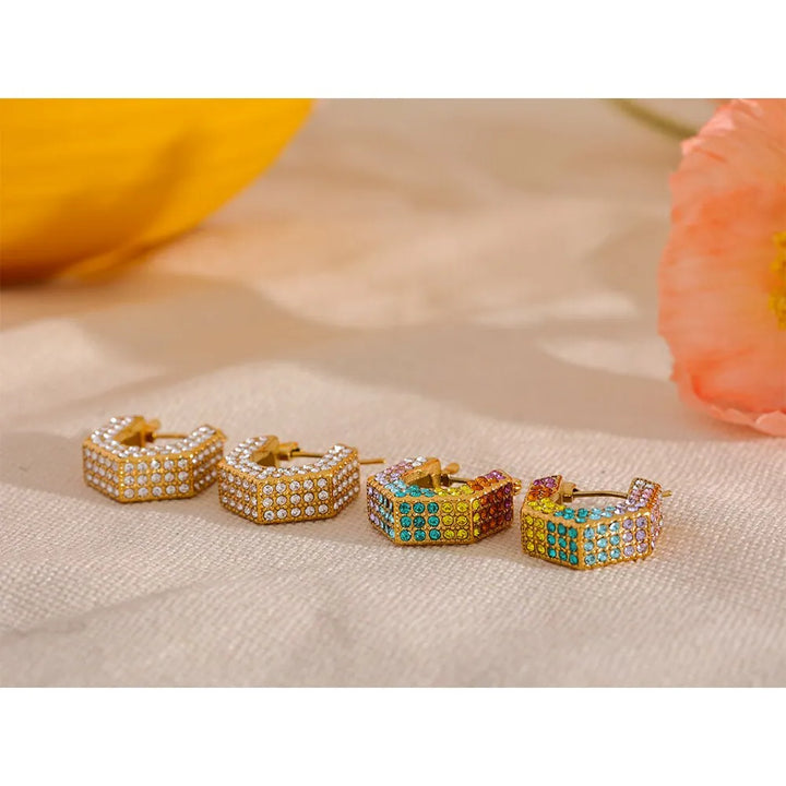 Gold plated colorful cubic zirconia hollow hoop earrings