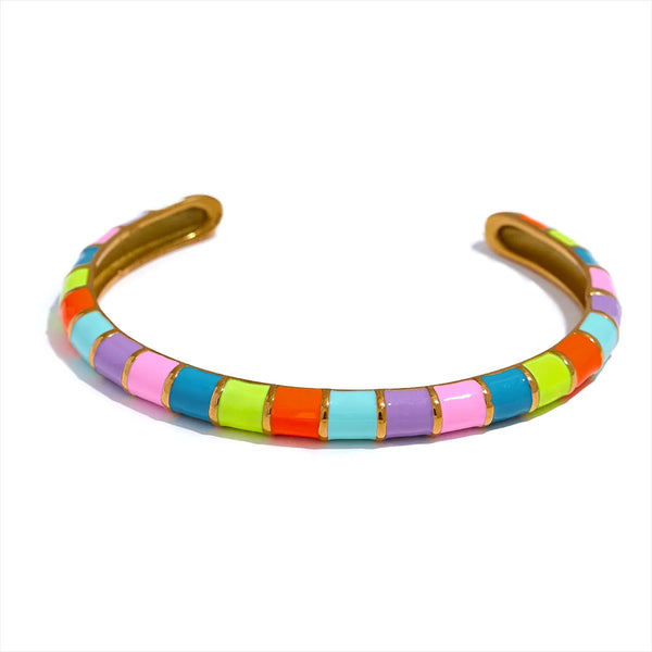 Gold Plated Colorful Enamel Geometric Open Cuff Bangle Bracelet - Dazzle Jewellery