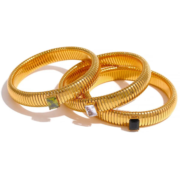 Gold Plated Elastic Textured Cubic Zirconia Bangle Bracelet - Dazzle Jewellery