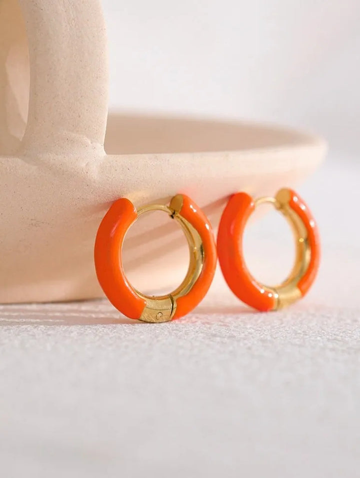 Gold plated enamel hoop huggie earrings