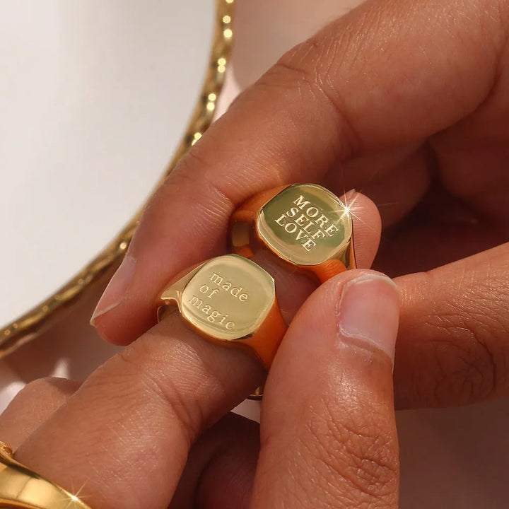 Gold plated engraved thoughts signet ring