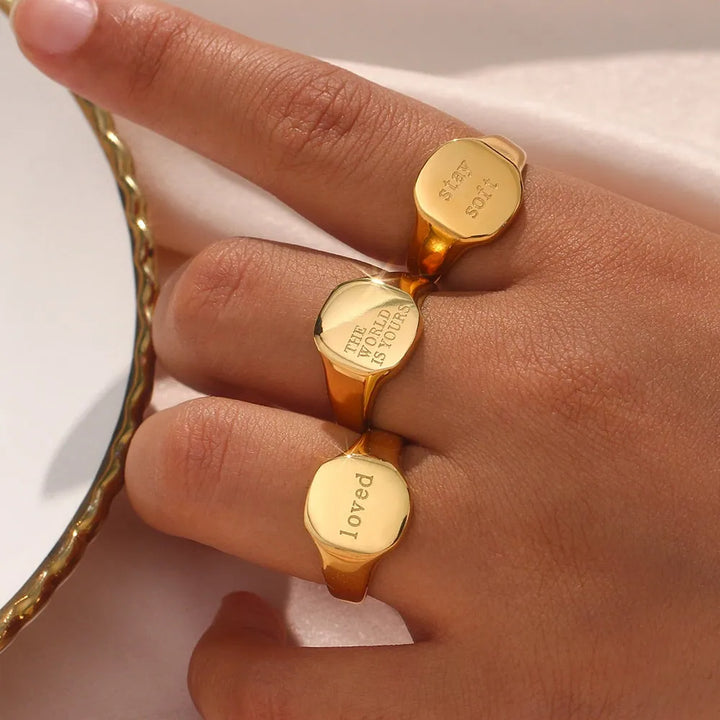 Gold plated engraved thoughts signet ring