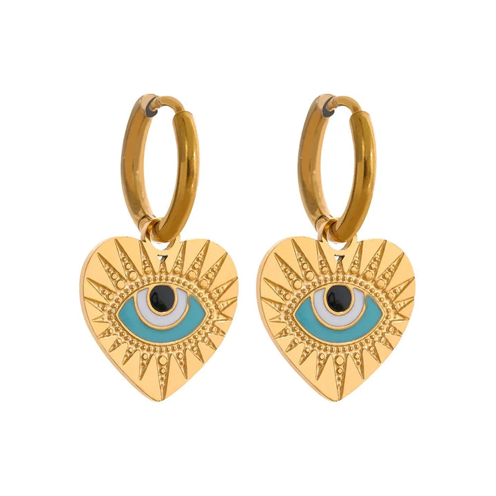 Gold plated evil eye charm hoop earrings