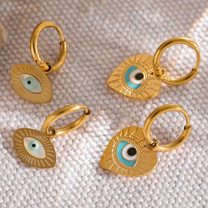 Gold plated evil eye charm hoop earrings