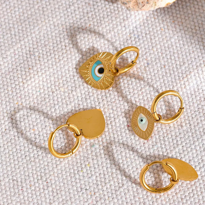 Gold plated evil eye charm hoop earrings