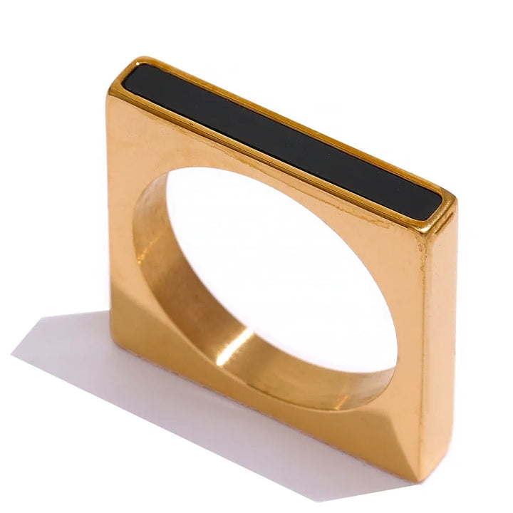 Gold Plated Geometric Square Black Ring - Dazzle Jewellery