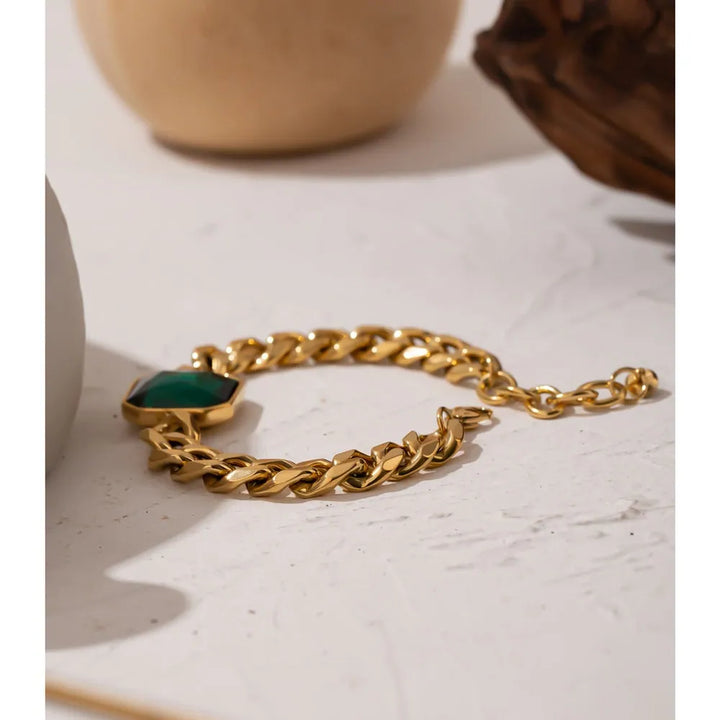 Gold plated green crystal fashion chain bracelet