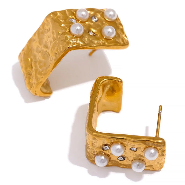 Gold Plated Hammered Pearl Stud Earrings - Dazzle Jewellery