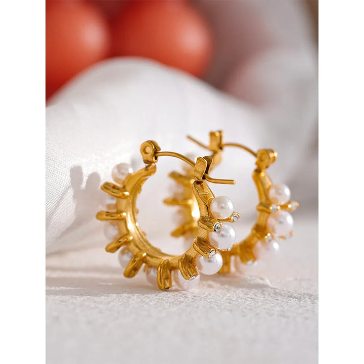 Gold plated imitation pearls cubic zirconia latch back hoop earrings