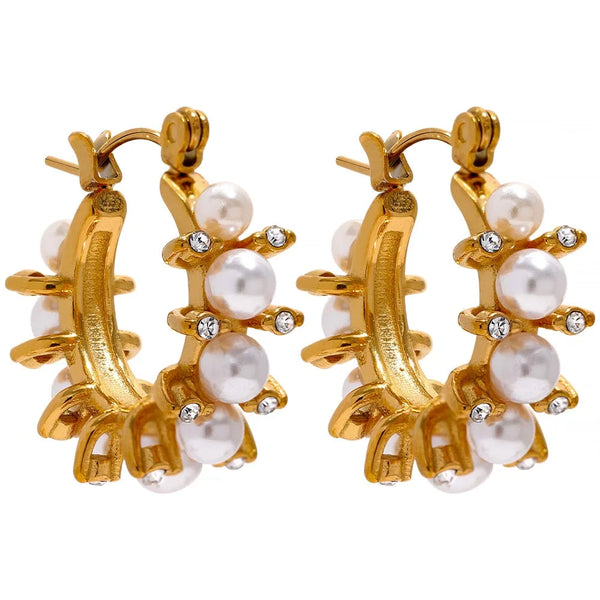 Gold Plated Imitation Pearls Cubic Zirconia Latch Back Hoop Earrings - Dazzle Jewellery