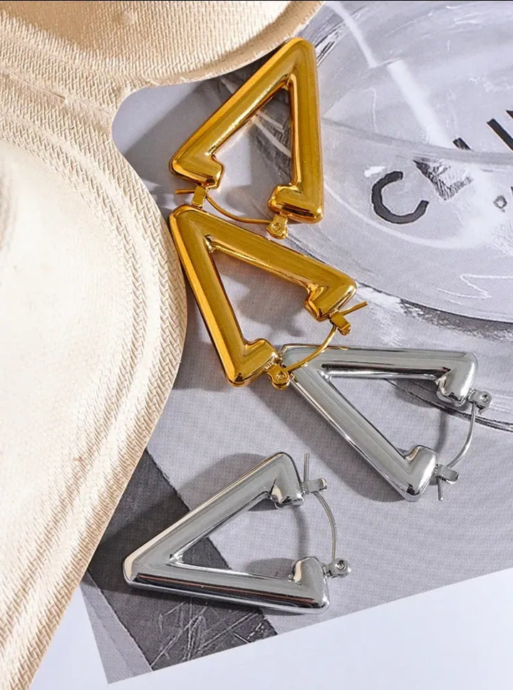 Gold plated minimalist triangle hollow hoop earrings