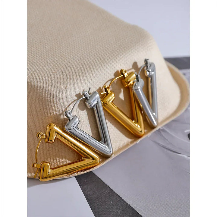 Gold plated minimalist triangle hollow hoop earrings