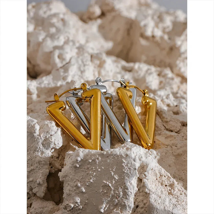Gold plated minimalist triangle hollow hoop earrings