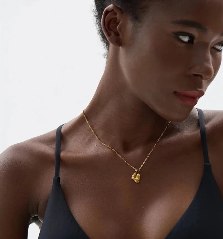 Gold plated mixed paperclip chain heart pendant necklace