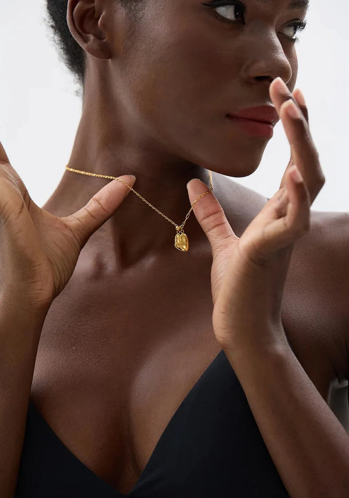 Gold plated mixed paperclip chain heart pendant necklace