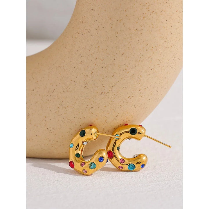 Gold plated multicolored cubic zirconia hoop earrings