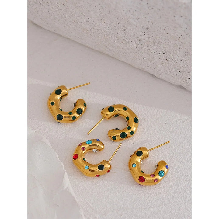 Gold plated multicolored cubic zirconia hoop earrings