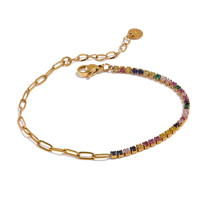 Gold plated multicolored cubic zirconia paperclip chain bracelet