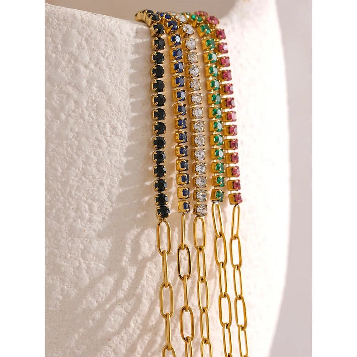 Gold plated multicolored cubic zirconia paperclip chain bracelet