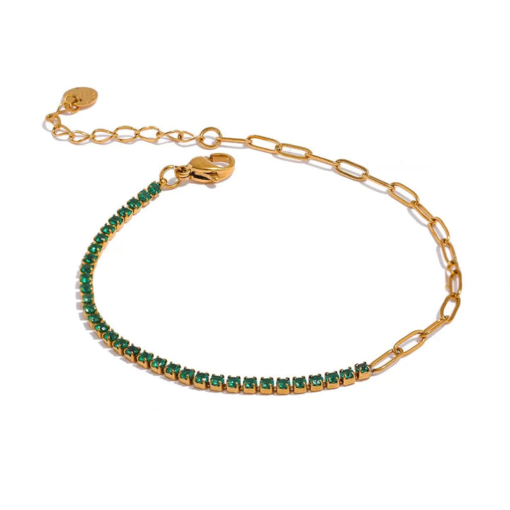 Gold plated multicolored cubic zirconia paperclip chain bracelet