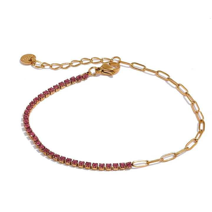 Gold plated multicolored cubic zirconia paperclip chain bracelet