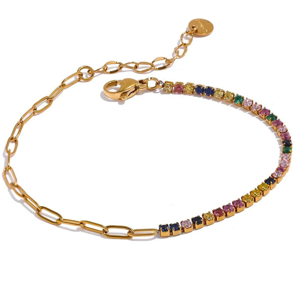 Gold Plated Multicolored Cubic Zirconia Paperclip Chain Bracelet - Dazzle Jewellery