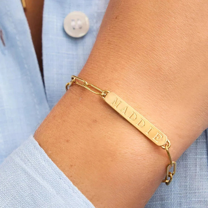 Gold plated name bar paperclip chain bracelet