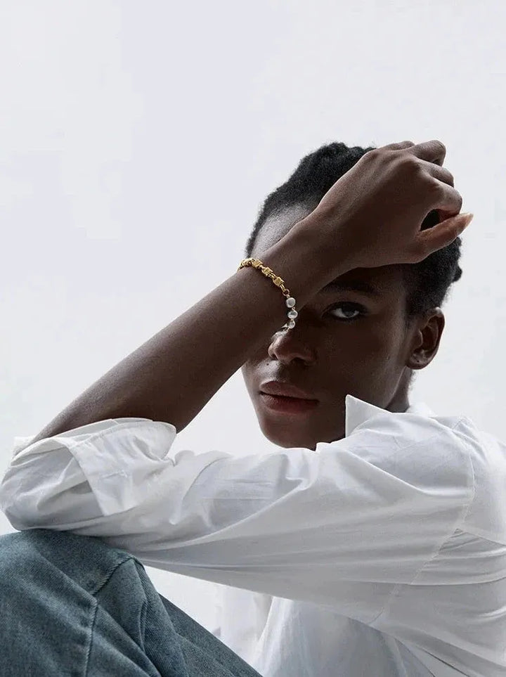 Gold plated natural freshwater pearl grey beads bracelet
