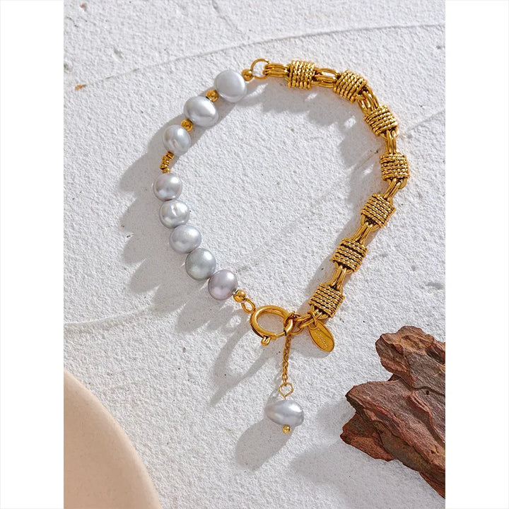 Gold plated natural freshwater pearl grey beads bracelet