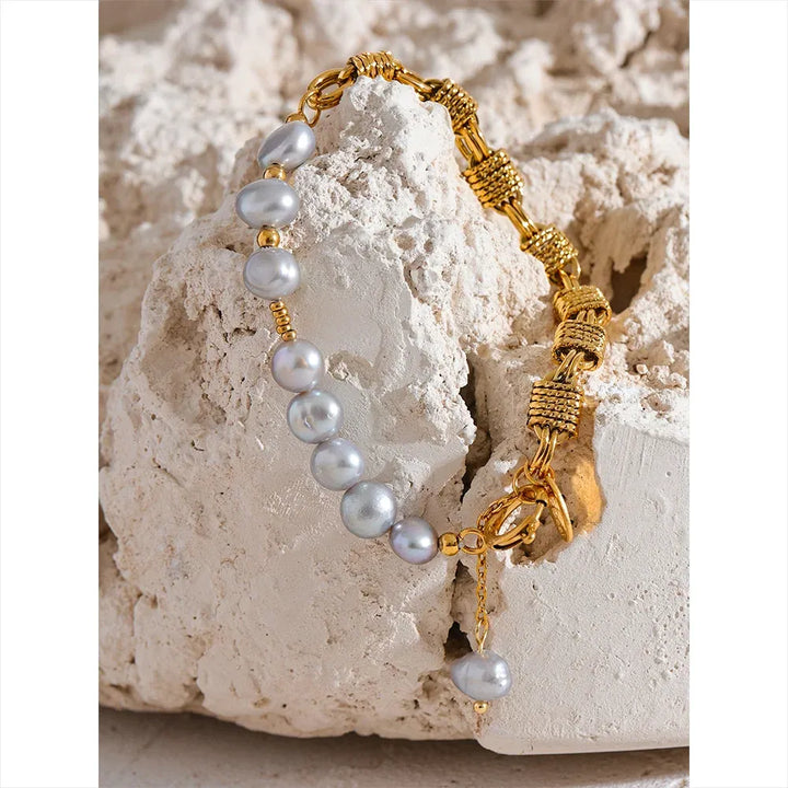 Gold plated natural freshwater pearl grey beads bracelet