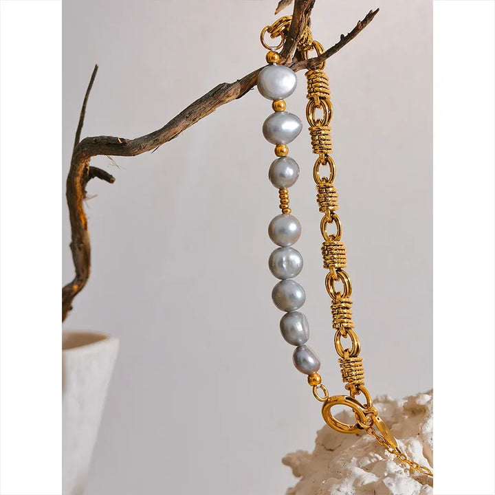 Gold plated natural freshwater pearl grey beads bracelet