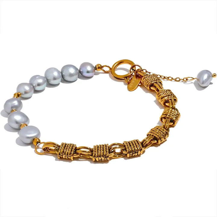 Gold Plated Natural Freshwater Pearl Grey Beads Bracelet - Dazzle Jewellery