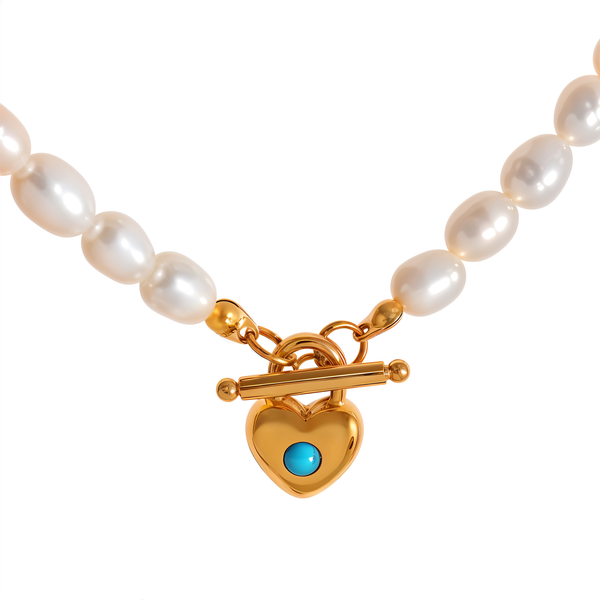 Gold Plated Natural Pearl Heart Pendant Turquoise Necklace - Dazzle Jewellery