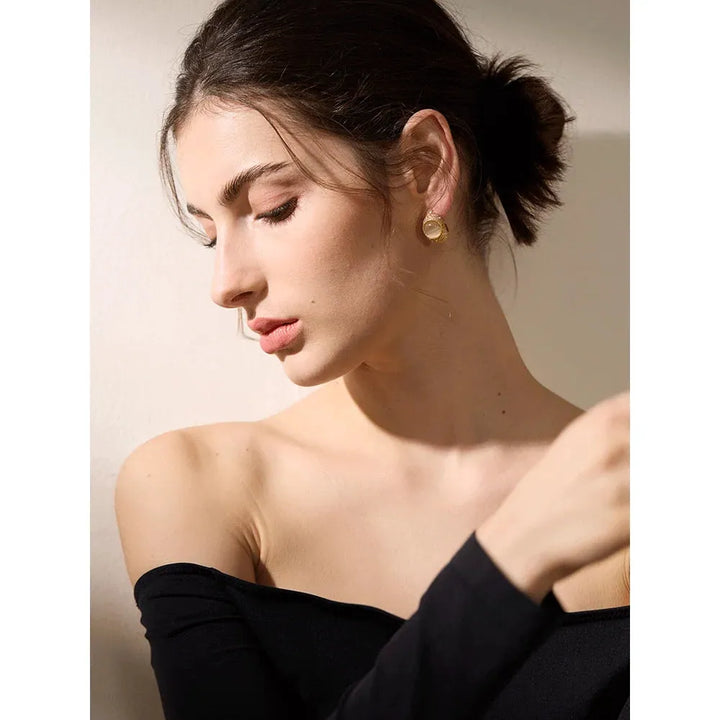 Gold plated natural stone weave textured stud earrings