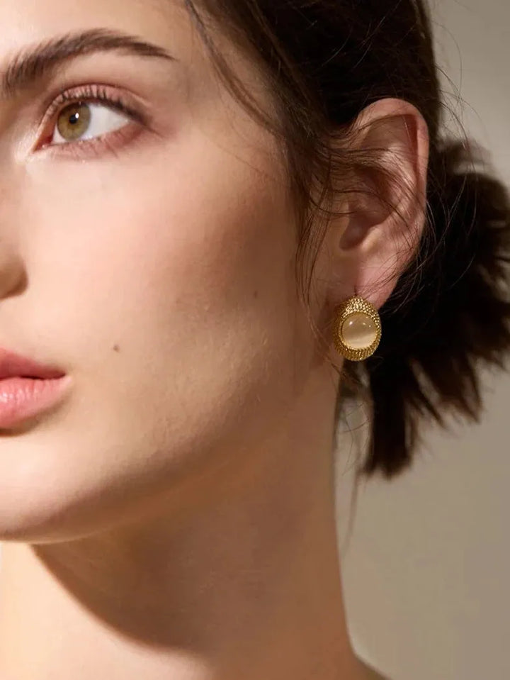 Gold plated natural stone weave textured stud earrings