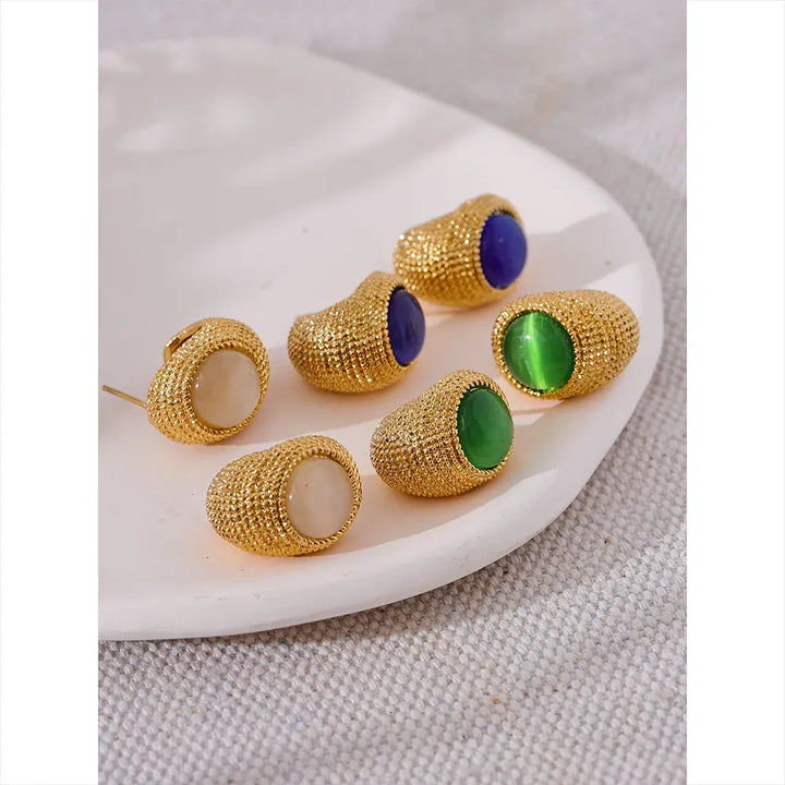 Gold plated natural stone weave textured stud earrings
