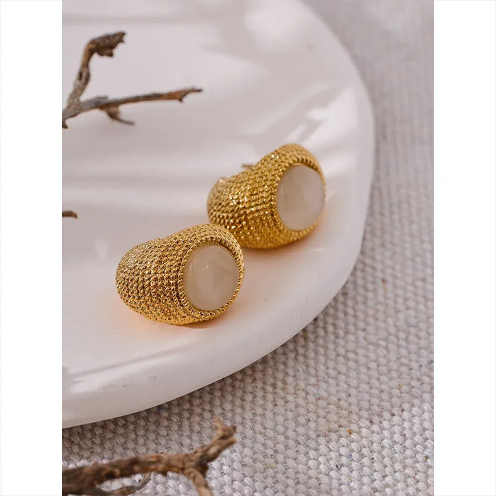 Gold plated natural stone weave textured stud earrings
