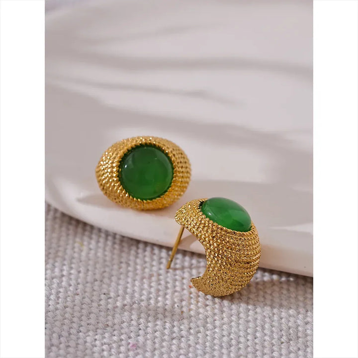Gold plated natural stone weave textured stud earrings