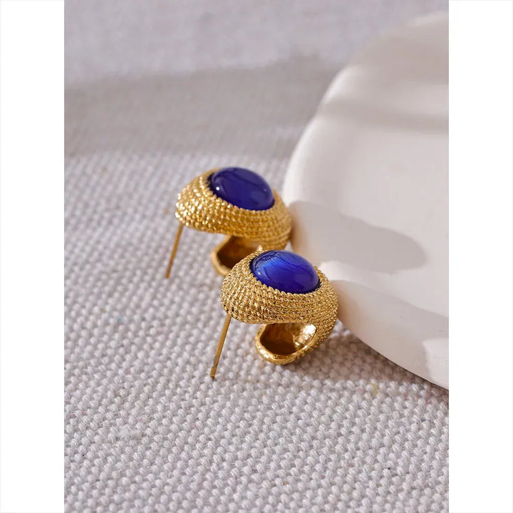 Gold plated natural stone weave textured stud earrings